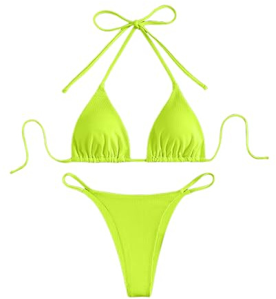 Maillot de Bain Femme 2 Pieces Sexy String Bikini Set froncé Halter réglable Dos Nu Chic Maillots Deux pièces Femme Natation Taille Haute à laçage Couleur Unie Beachwear
