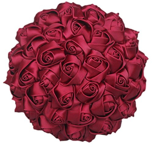 Fouriding Handgemachte Weinrot Brosche Brautstrauß Braut Satin Rosen Blumen Strass Perlen Blumensträusse Hochzeit Strauß Künstliche Blumenstrauß künstlicher Rosenstrauß Dekoration