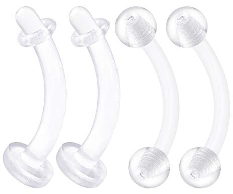 KJM FASHION 4PCS Bioplastic Clear Curved Barbell Retainer 16 Gauge 5/16 8mm Ball Helix Nose Rook Earrings Eyebrow Piercing Jewellery 2494