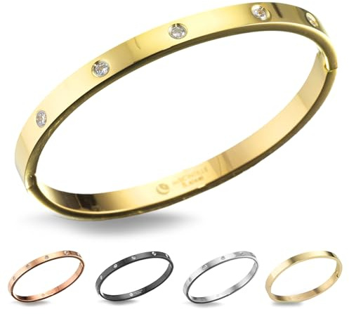 inSCINTILLE Bangles Bracelet Rigide en Acier Inoxydable pour Femme avec Boîte Cadeau Incluse (Hauteur : 4 mm - Circonférence : 18 cm, Or Zircons Or Zircons)