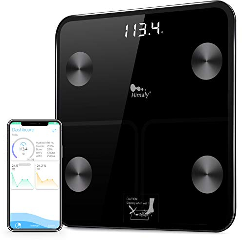 Himaly Körperfettwaage Smart Digitale Personenwaage Bluetooth-kompatibel Körperwaage für Körperfett, Gewicht, Körpergewicht, BMI, Körperwasser, Knochenmasse, Kalorien, viszerales Fett