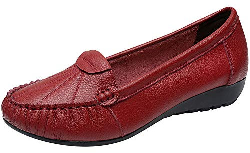 ANUFER Women's Genuine Leather Soft Sole Ballerinas Slip-on Low Wedge Heel Mid-Aged Walking Shoes Burgundy SN02450 UK3.5=EU36