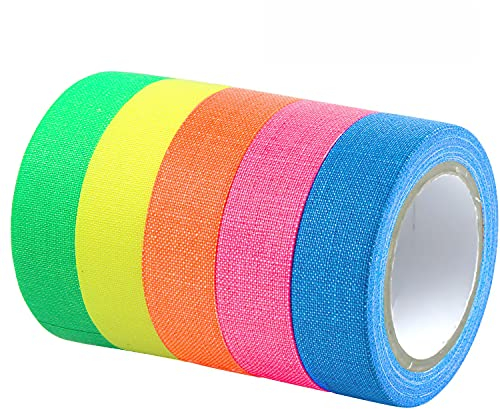 Fluorescent Cloth Tape, 5 Rolls Fluorescent Cloth Tape Luminous Neon Gaffer Tapes Self Adhesive UV Blacklight Reactive Spike Tape Glow in the Dark Light Party Supplies(12.7mm x 5 m per Roll))