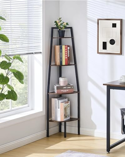 Hoctieon Scaffale d’Angolo a Scala 4 Livelli Rustico Industriale, Libreria per Soggiorno, Cucina, Ufficio Domestico, Camera da Letto, Balcone, Spazi Piccoli in Metallo,Marrone