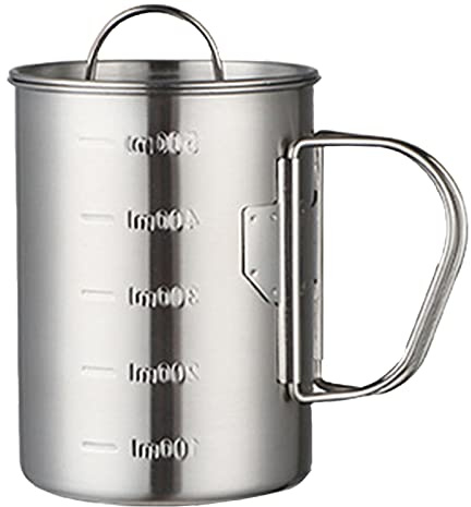Camping Muggar, Rostfria Campingmuggar Utomhus Mugg Med Vikbart Handtag Och Lock Skala För Utomhuscamping Vandring Backpacking(Rostfritt stål-500ml)