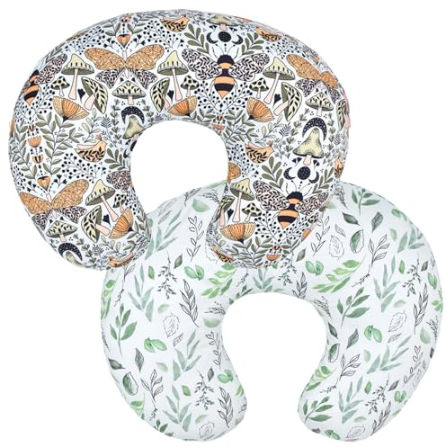 Winmany Confezione da 2 federe per cuscino per allattamento neonato, a forma di U, per allattamento al seno, elastico sostituibile e floreale, 22,5 x 18 (Foglie Verdi + Api Farfalla)