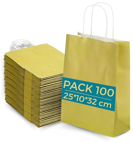 Lot 100 Sacs Papier Kraft Doré avec Anses 25x10x32cm - Sac pour Shopping Cadeaux Mariages