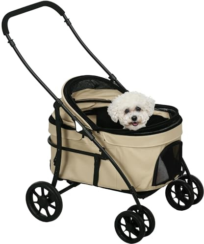 PawHut Carrito para Perros 2 en 1 Cochecito para Perros Pequeños Plegable con 2 Correas de Seguridad 2 Bolsillos Laterales Cojín Lavable y Ruedas Universales Carga 15 kg Caqui