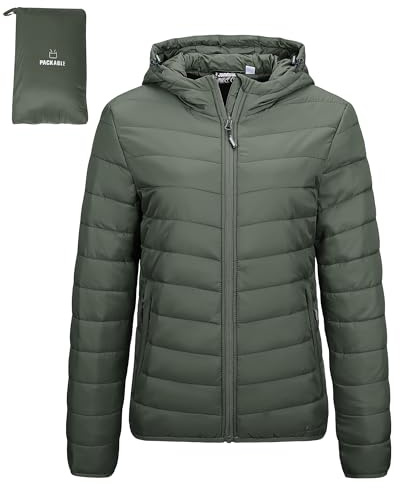 Outdoor Ventures Women's Winter Lightweight Puffer Jacket with Hood, Warm, Short, Packable, Quilted, Transitional, Padded Jacket for Ladies, Lined for Hiking, Travel Army Green XL