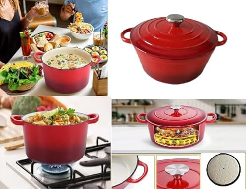 VG® Cast Iron Dutch Oven 3.5 L Casserole Pot with lid Enameled Cast Iron Pot Dual Handle Cookware Baking Bread,Braiser,Soup,Meat, Stews,Oven Safe 500° F Non Stick Easy Clean Red 24cm Self Braising Lid