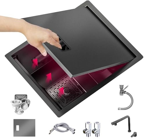PEBFHSQW Invisible Sink with Pull-Out Lifting Faucet Cover RV Studio Outdoor Bar Kitchen Sink Stainless Steel Concealed Vegetable Washbasin(32 * 39 * 22cm)
