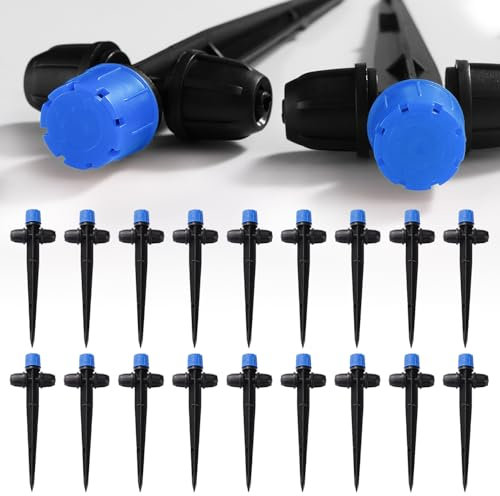 VooGenzek 18 Piezas Ajustables de 360 Grados en Estaca Rociador, 8 Goteros de Flujo con Tuerca para Tubos de 1/4 Pulgadas, Emisores de Riego por Goteo, para Sistema de Riego, Azul
