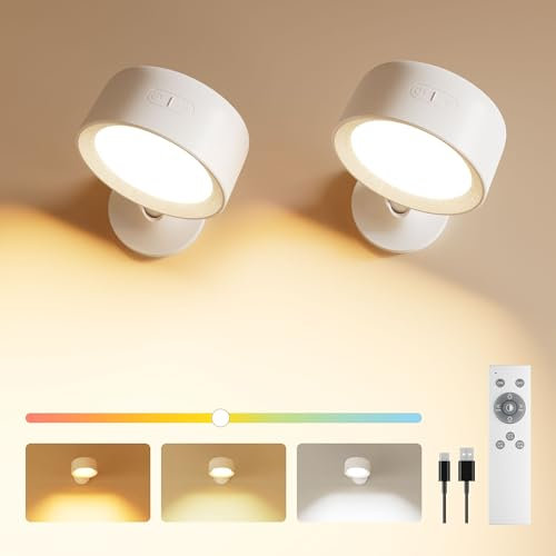 FULEN Aplique de Pared Interior, 2 Piezas Lámpara de LED Recargable 8000mAh con 18 Colores, Táctil y por Control Remoto, 360° Lámpara de Pared Inalámbrica para Mesita de Noche en Dormitorio, Blanco