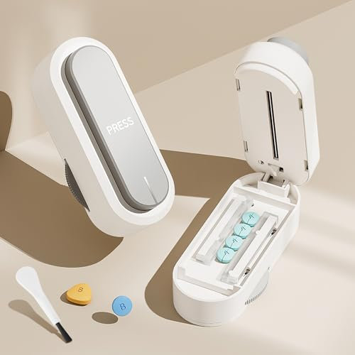 Quuylin Taglia pastiglie, Taglia pillole di precisione, Tagliapillole con scomparto portaoggetti e spazzola, per compresse piccole e grandi, per Uso Quotidiano, Grigio