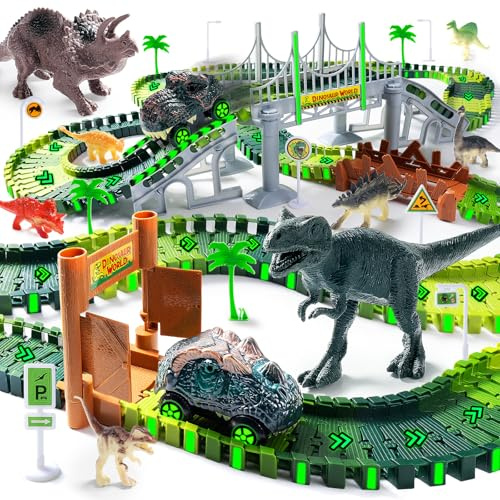 Dinosaurier Spielzeug Autorennbahn, Rennbahn Racing Track DIY Kinderspielzeug mit 2 Stück Dinosaurier Autos für 3 4 5 6 Jahre alt Jungen Mädchen Geburtstag Party Gunst Geschenk