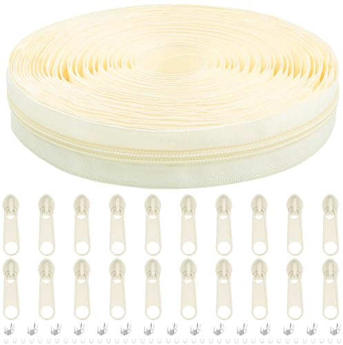DOITEM #5 Nylon Coil Zippers by The Yard Bulk 10 Yards 9 Meters with 20pcs Zipper Sliders for DIY Sewing Tailor Craft Bag Garment Home Textile (Cream White, #5)