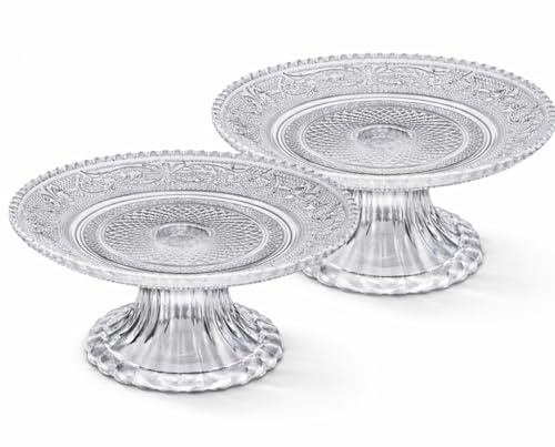 C.X.Y. Set da 2 pezzi, Alzatina in Vetro Decorato Espositori per Dolci e Frutta, Diametro 14,5 cm Altezza 7,5 cm, Piatto da Portata con Base Elegante, Trasparente Stile Vintage per Tavola e Eventi