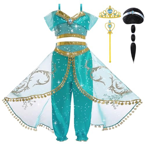 DiULi Costume de Princesse Jasmine pour Fille, Deguisement de Princesse Jasmine avec Perruque Couronne et Baguette pour Anniversaire Fête Halloween Noël Carnaval Cosplay