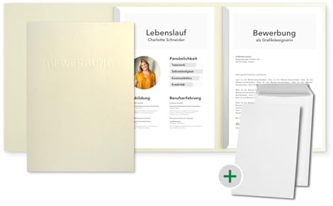 5 Stück 3-teilige Bewerbungsmappen Creme in feinster Lederstruktur - inkl. 5 Versandumschläge in Weiß - mit 2 Klemmschienen und hochwertiger Prägung ''BEWERBUNG'' - direkt vom Hersteller STRATAG