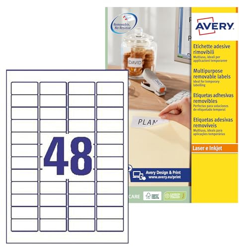 Avery L4736REV-25 Ablösbare Laseretiketten 48 pro Blatt 47,5 x 21,2 mm 1200 Etiketten weiß