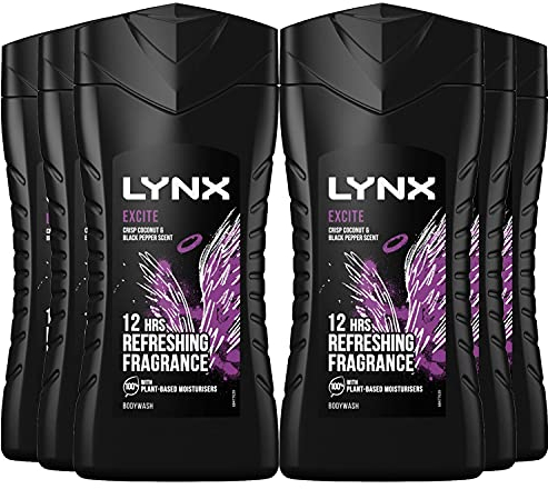 Lynx Excite Shower Gel Mens Body Wash, 225ml (6 Pack)