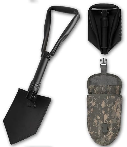 2 Piece Military Grade Entrenching Tool Set – Tri Fold Metal Alloy Foldable Camping Shovel w/ACU Pouch – Compact, Multipurpose Collapsible Shovel – Versatile Survival Gear for Outdoor Enthusiasts