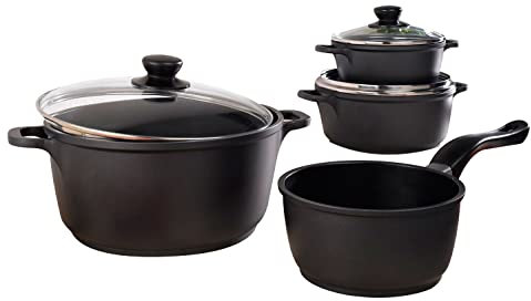 Topfset Kochtopfset Kochtöpfe | 4-teilig | Schwarz | Aluguss | mit Glasdeckel