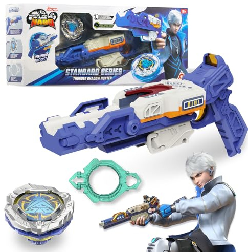 INFINITY NADO S7 toupie métal Endurance + Lanceur Pistolet 5+ | Toupie métal endurance + lanceur pistolet accélération infinie. Kit Thunder Shadow Hunter bleu. Jouet 5+ garçons & filles