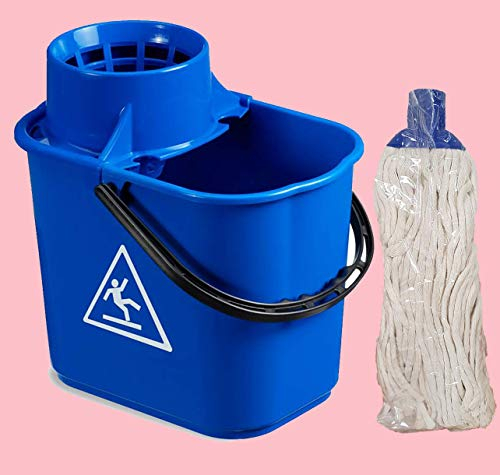 Secchio per mocio con strizzatoio 14lt, +1 mop ideale per pulire i pavimenti con comodo alloggiamento ferma manico, per mop e mocio - Midor (Blu)