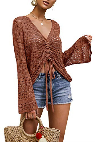 Saodimallsu - Blusa corta bohemia para mujer con hombros descubiertos y mangas acampanadas, Rojo ladrillo., M