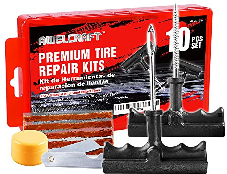 AWELCRAFT Ekonomiskt däckreparationssats för att fixera punkteringar och pluggplattor, 10-delat värdepaket, perfekt för bilar, lastbilar, motorcyklar, ATV, med förvaringsfodral
