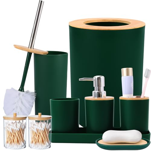 SLDIYWOW Set di 9 accessori da bagno verde scuro con pattumiera, vassoio, dispenser per sapone, portaspazzolino, portaspazzolino, portasapone, scopino per WC e porta Q-tip per bagno/inaugurazione
