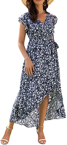 GRECERELLE - Abito midi da donna estivo, stile boho, con stampa floreale, per cocktail, a pois, avvolgente, con scollo a V, casual, per feste, bohemien, svasato, lungo, per signore, XL