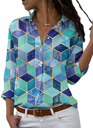 Onsoyours Donne Camicette Manica Lunga Camicie Scollo a V con Bottoni Casual Bluse e Camicie Eleganti Shirt Floreale Stampa Tops B Blu M