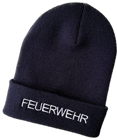 Schnoschi Dunkelblaue Strickmütze mit breitem Umschlag (Beanie Mütze) mit Feuerwehr Bestickt für Herren, Damen, Jugendliche und Kinder