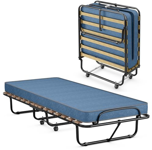COSTWAY Brandina Pieghevole con Materasso, in Memory Foam, Struttura Resistente e 4 Ruote Girevoli, Lettino Pieghevole per Casa Ufficio, 190x80x38 cm (Blu)