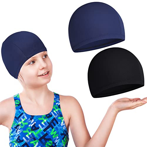 2 Stück Badekappe für Kinder wasserdichte Badehaube Unisex Bademütze für Langes und Kurzes Haar Schwimmkappe für Jungen und Mädchen (Schwarz, Dunstblau, Einfarbiges Muster)