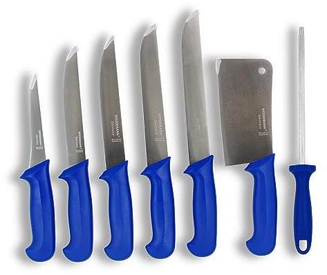 Messermann Germany Scharfes Messerset, Fleischmesser Set 7er Box Küchenmesser, Fleischermesser, Stechmesser, Ausbeinmesser Beil, Edelstahl (Blau), (MM_7Tlg_Varianten)