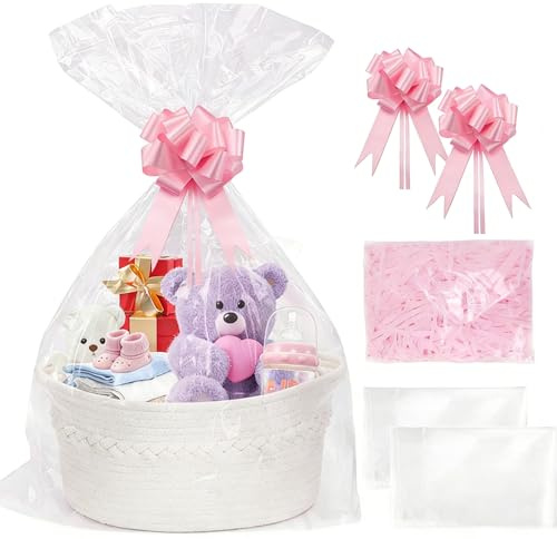 SelfTek Cesto regalo vuoto grande, bianco, set di cestini regalo con pellicola regalo vuota trasparente, materiale di riempimento, fiocchi regalo, 33 cm x 24 cm x 15 cm, cestino regalo vuoto per