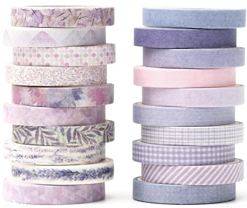 YUBX 20 Rollos Vendimia Washi Tape Set Flaco Retro Cinta Adhesiva Decorativas Masking Tape para Scrapbooking, Manualidades, Marcos de Fotos, Bullet Journal y Decorar Regalos (Morado)