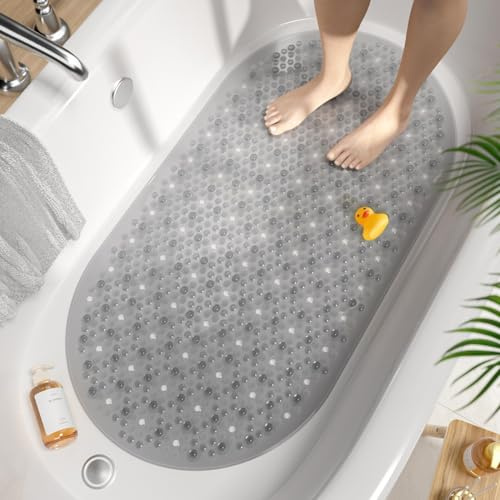 HITSLAM Oval Bath Mat Non Slip Anti Mould Kids Shower Mat, 68x38cm, Grey | Bubble Texture Bathtub Mat, Strong Suction Cups, Drain Holes, Soft On Feet, Machine Washable, Dedicated Safety For Children