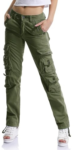 Aeslech Women's Cotton Casual Cargo Work Trousers High Waisted Travel Hiking Y2K Pants with Multi Pockets Army Green Tag 30 - UK 10