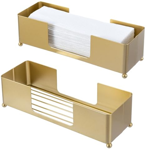 MyGift Modern Brass Tone Metal Tabletop Folded Hand Towel Holder, Commercial Countertop Tissue Dispenser Tray for Trifold, C-Fold and Z-Fold Towels, Set of 2