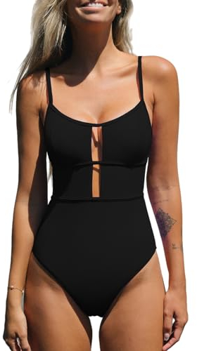 CUPSHE Damen Badeanzug U Ausschnitt Riemchen Zierausschnit Tiefer Rückenausschnitt Figurformend Einteilige Bademode Swimsuit Schwarz M