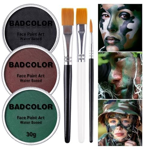 Juego de pintura facial de camuflaje negro, verde y marrón con pinceles, kit de pintura facial a base de agua para camuflaje, caza militar y paintball, pintura facial para niños y adultos, Halloween