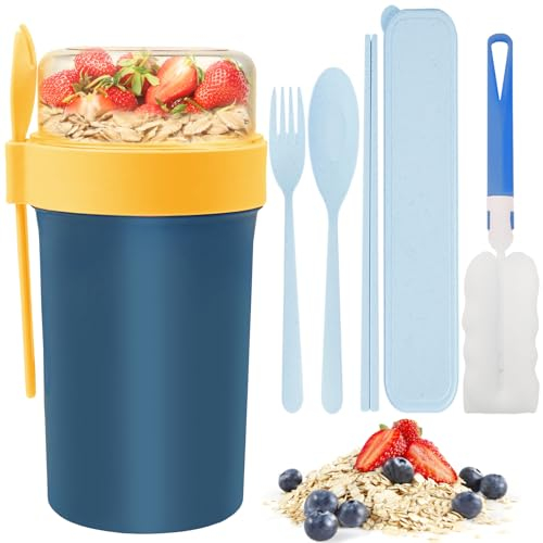 PIWOSGOL Juego de 5 vasos de cereales para llevar 760 ml + 230 ml, con cuchara y tenedor, taza de cereales a prueba de fugas, con pequeña caja de especias, vaso grande para el trabajo, la escuela