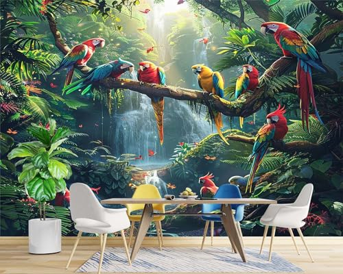 Fototapete Dschungel Tier Vogel Papagei Wasserfall Wohnzimmer Schlafzimmer Wandtapete Vlies Tapete 400 (B) x 280 (H) cm, Gedrucktes Wandbild UV-Beständig Geruchsfrei