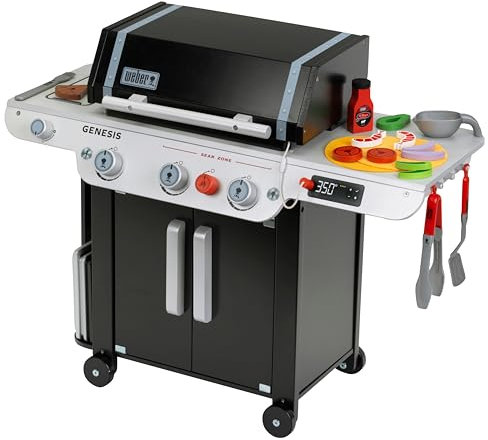 Theo Klein 9445 Weber Grill Genesis aus Holz inklusive Einsätze für Steak, Pizza oder Gemüse Mit Food-Attrappen und Grillbesteck Spielzeug für Kinder ab 3 Jahren