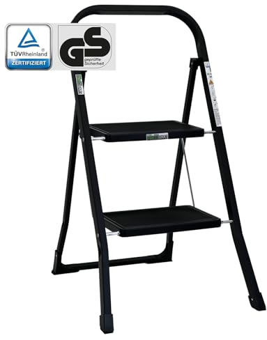 TRUTZHOLM Trittleiter 2 oder 3 Stufen klappbar TÜV/GS Zertifiziert 150 kg Klappleiter Anti-Rutsch Trittflächen & Sicherheitsverriegelung Klapptritt Haushaltstritt Stahl Leiter (Schwarz, 2 Stufen)