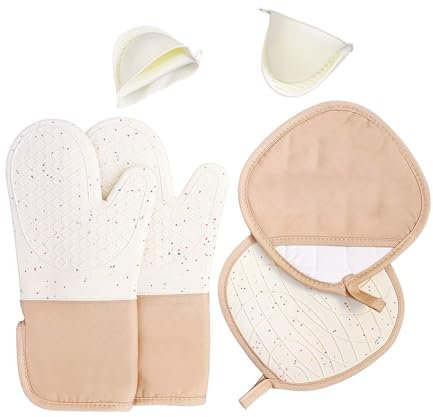 6-Piece Set Silicone Oven Mitts Cooking BBQ Gloves Non-Slip Heat Resistant Soft Cotton Lining Washable Baking Gloves Beige